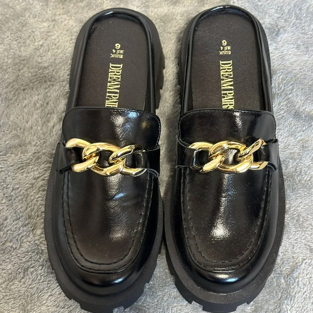 Dream Pairs Black Chunky Lug Sole Penny Mule Loafers Gold Chain Women's 6 NWOB